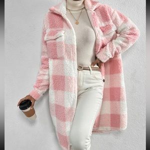Teddy coat sherpa oversize jacket plaid pink white fuzzy pocket button long